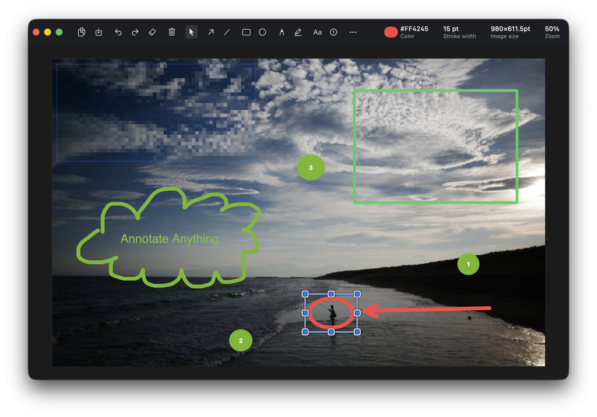 The OpenSnapX editor annotating a landscape screenshot with pixelation, shapes, text, counters, and an arrow.